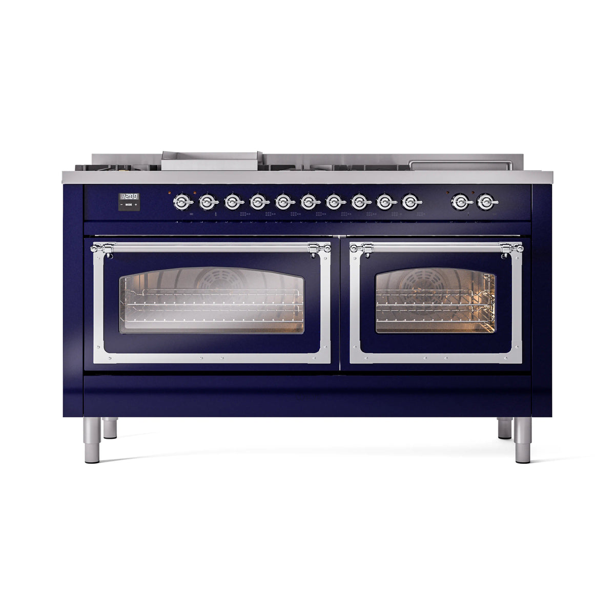 Midnight blue dual oven range with two closed glass doors and chrome trim
