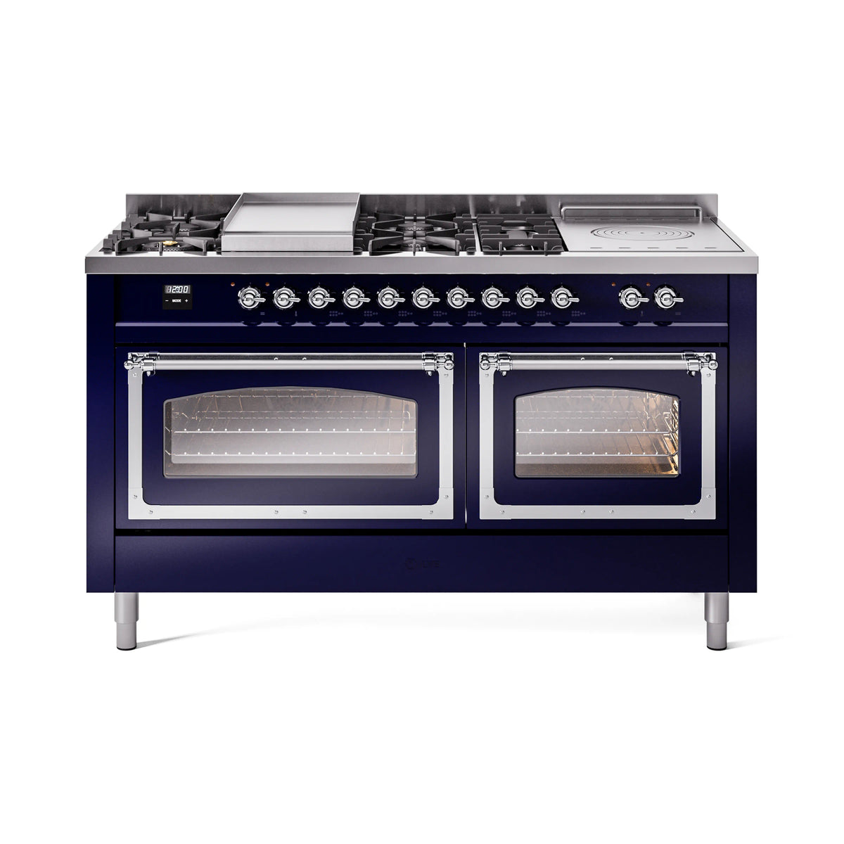 Midnight blue dual fuel range front view with burners, griddle, and twin oven doors