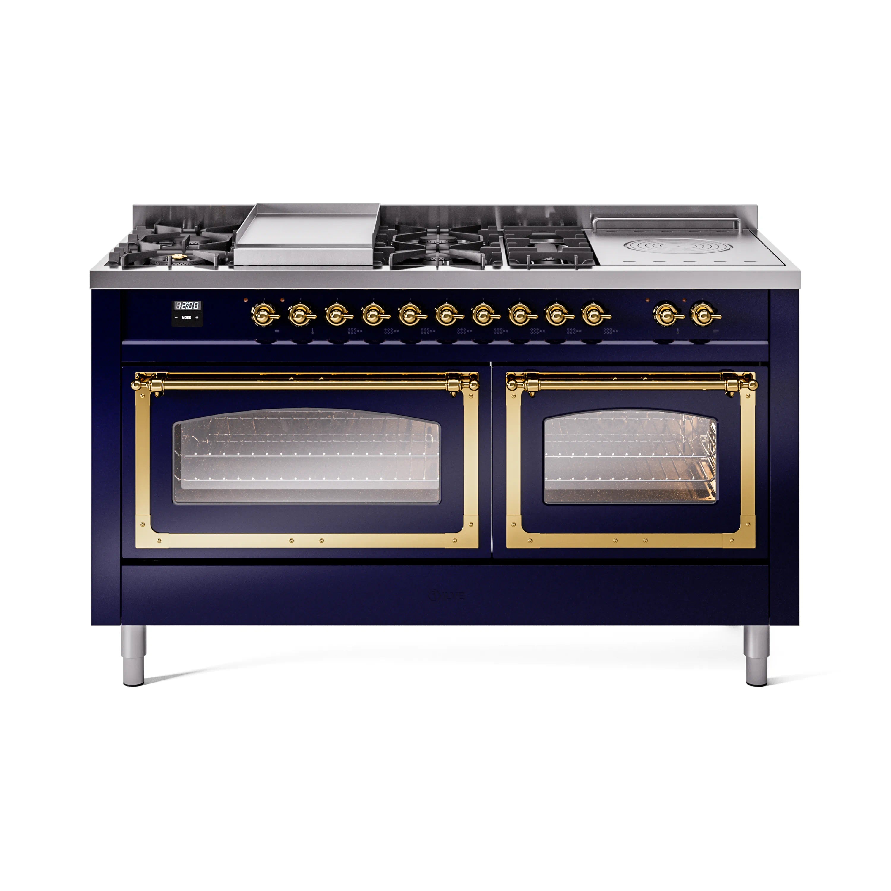 Midnight blue ILVE range front view with brass-trim oven doors and sealed burners