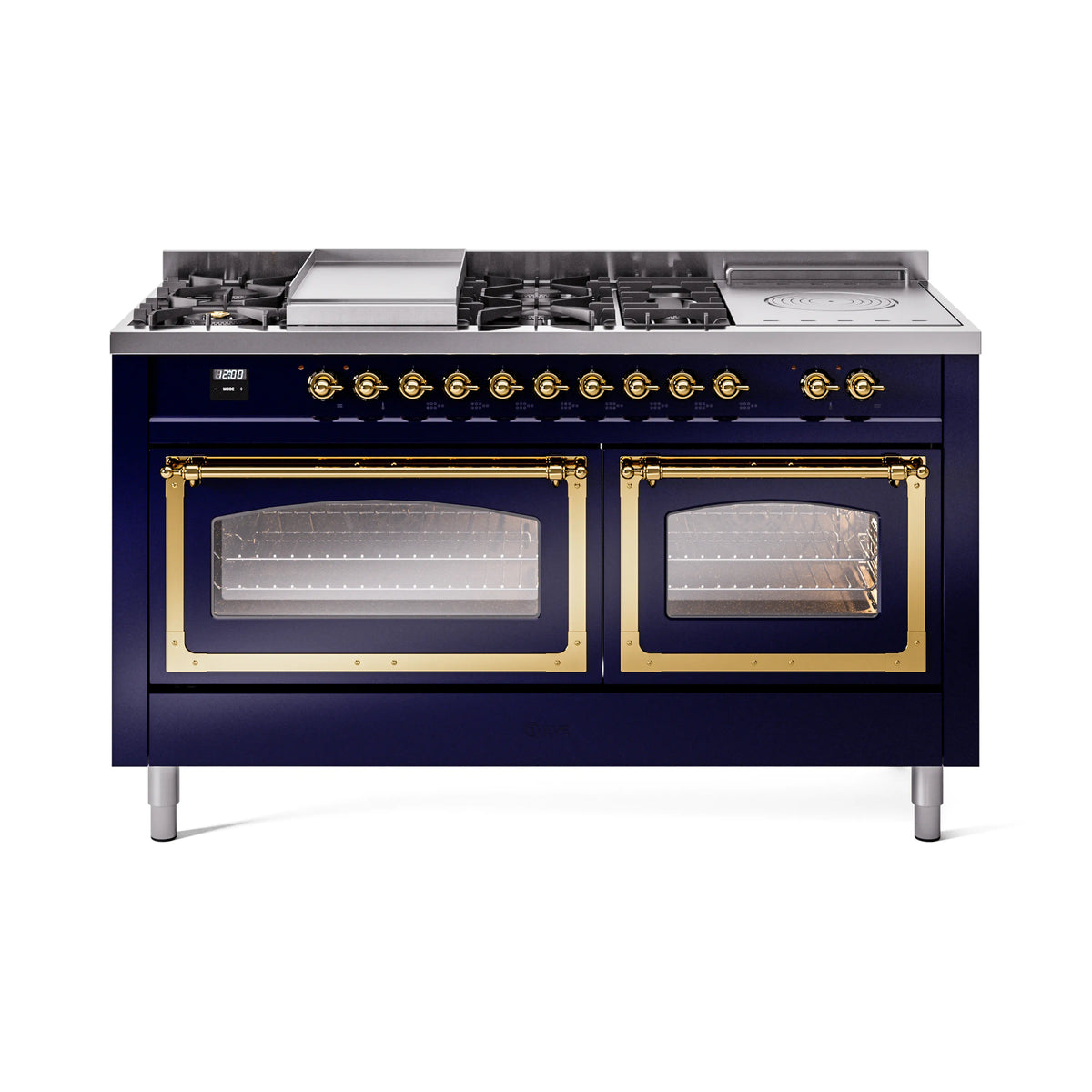 Midnight blue dual fuel range with brass trim, two oven doors with glass windows