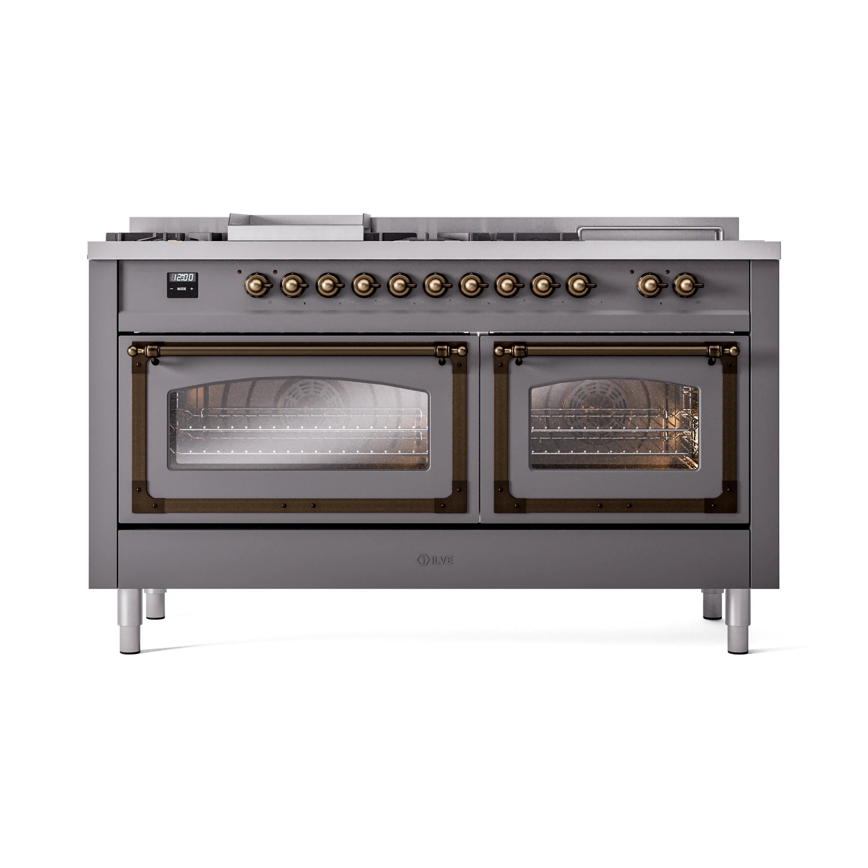 Matte graphite dual fuel range with bronze knobs and two oven windows, front view