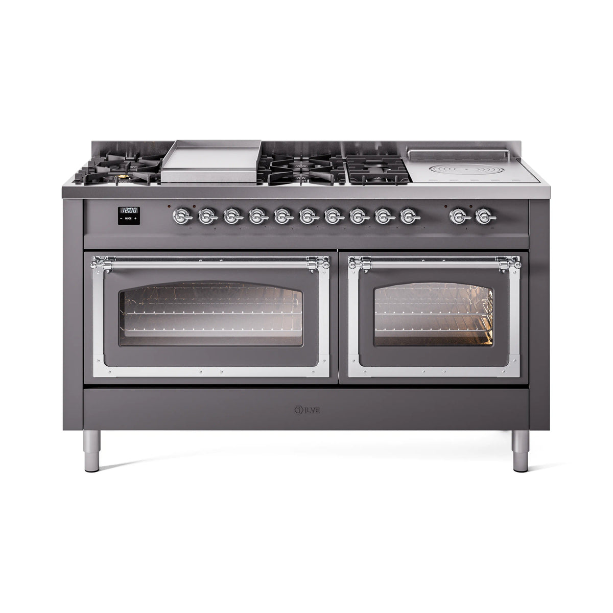 Matte graphite range front view with cooktop burners, French top, and two ovens