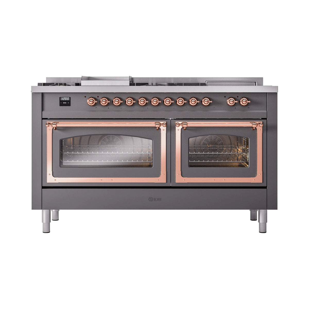 Matte graphite dual fuel range with two closed oven doors and copper-trimmed handles