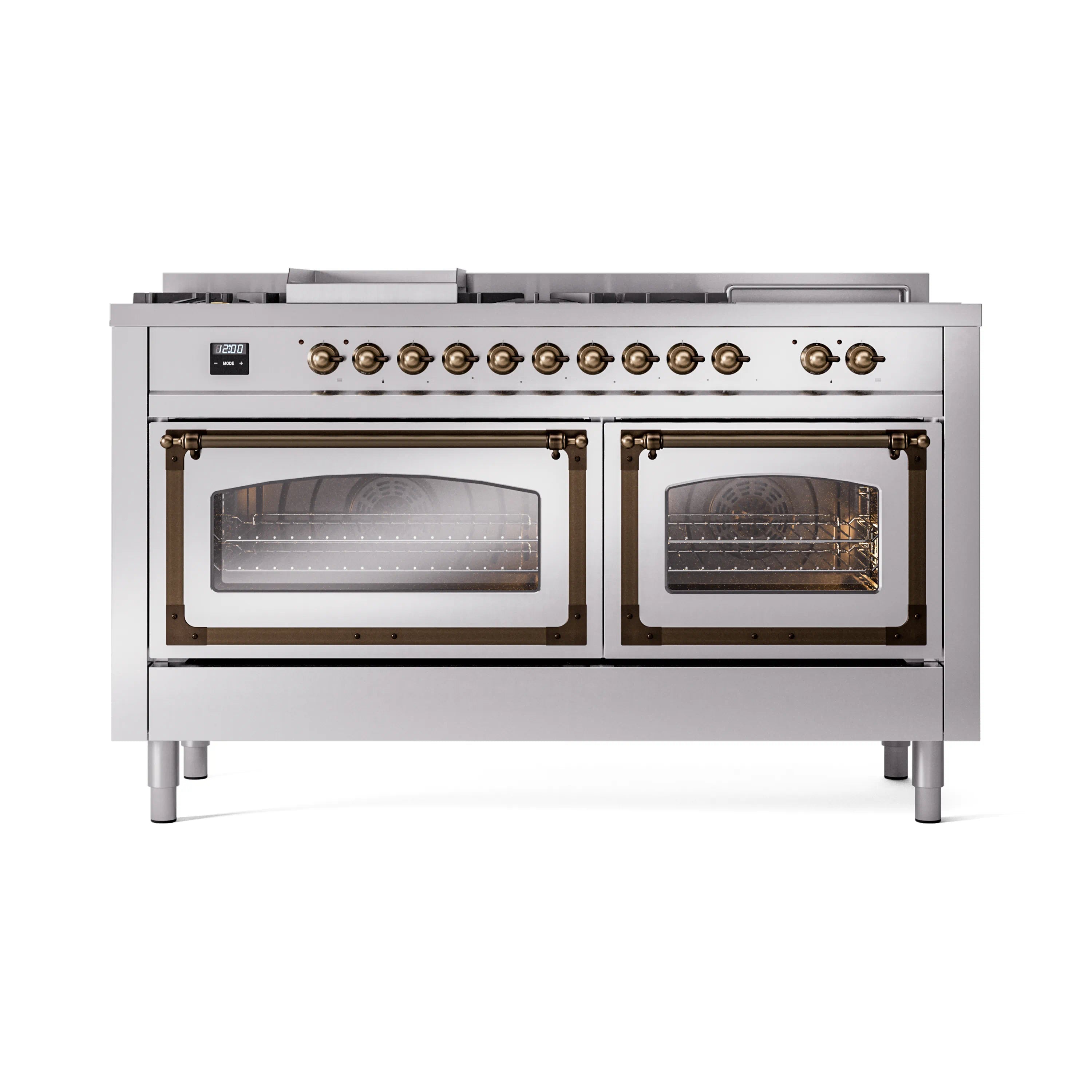 Stainless steel dual-fuel range with bronze-trimmed burners and two oven glass doors
