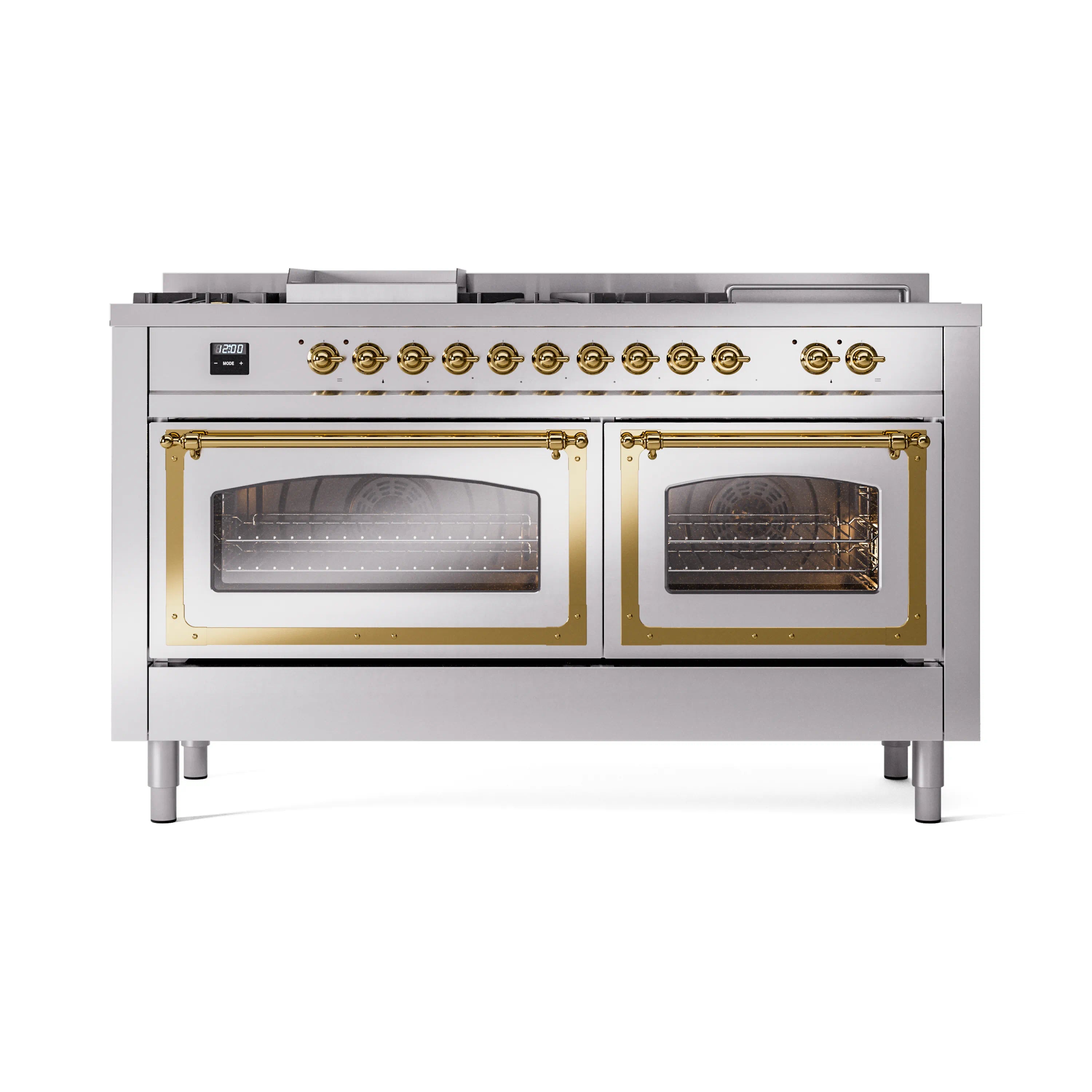 Stainless steel dual fuel range with two glass oven doors and brass trim