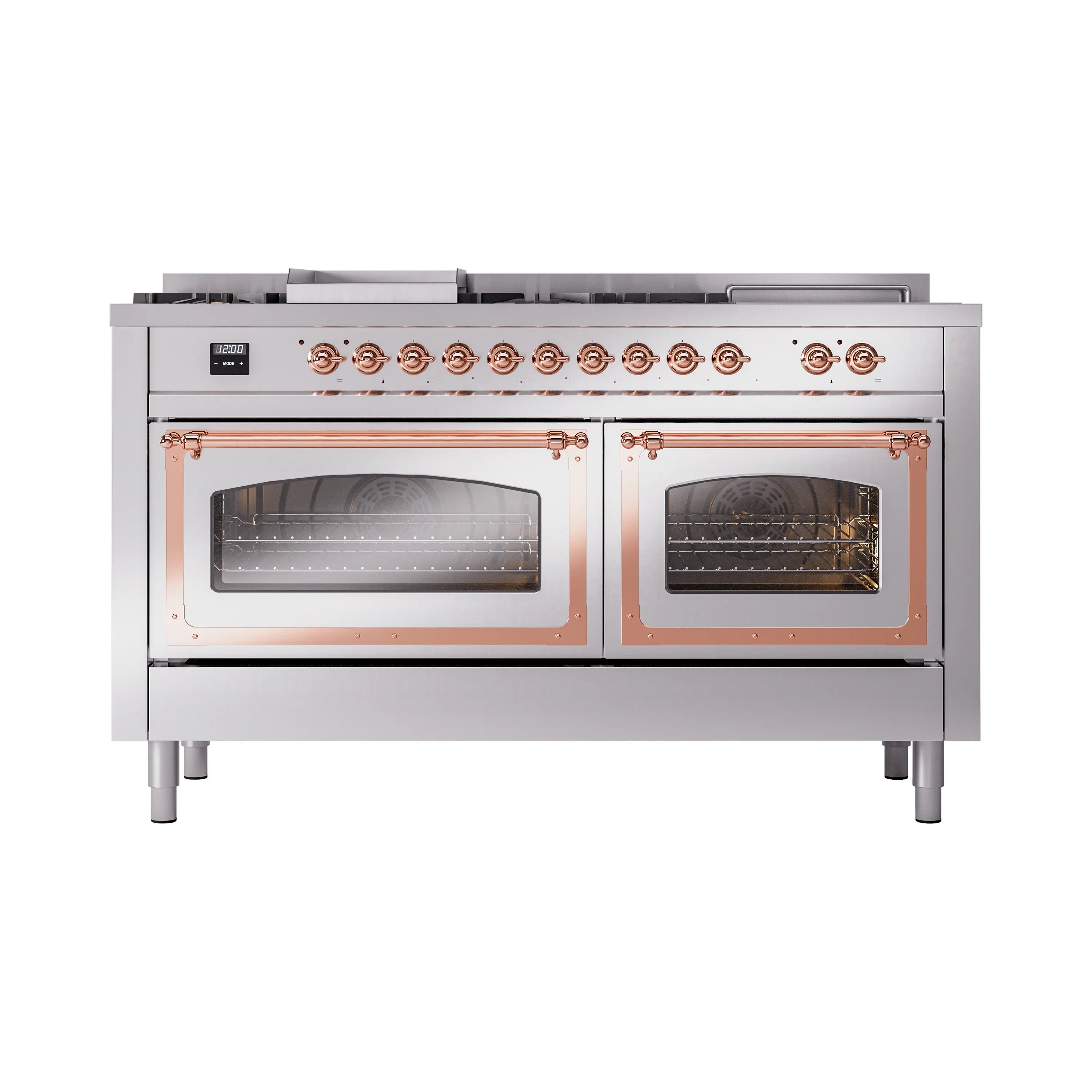 Stainless steel dual fuel range showing two ovens with copper-trim window frames