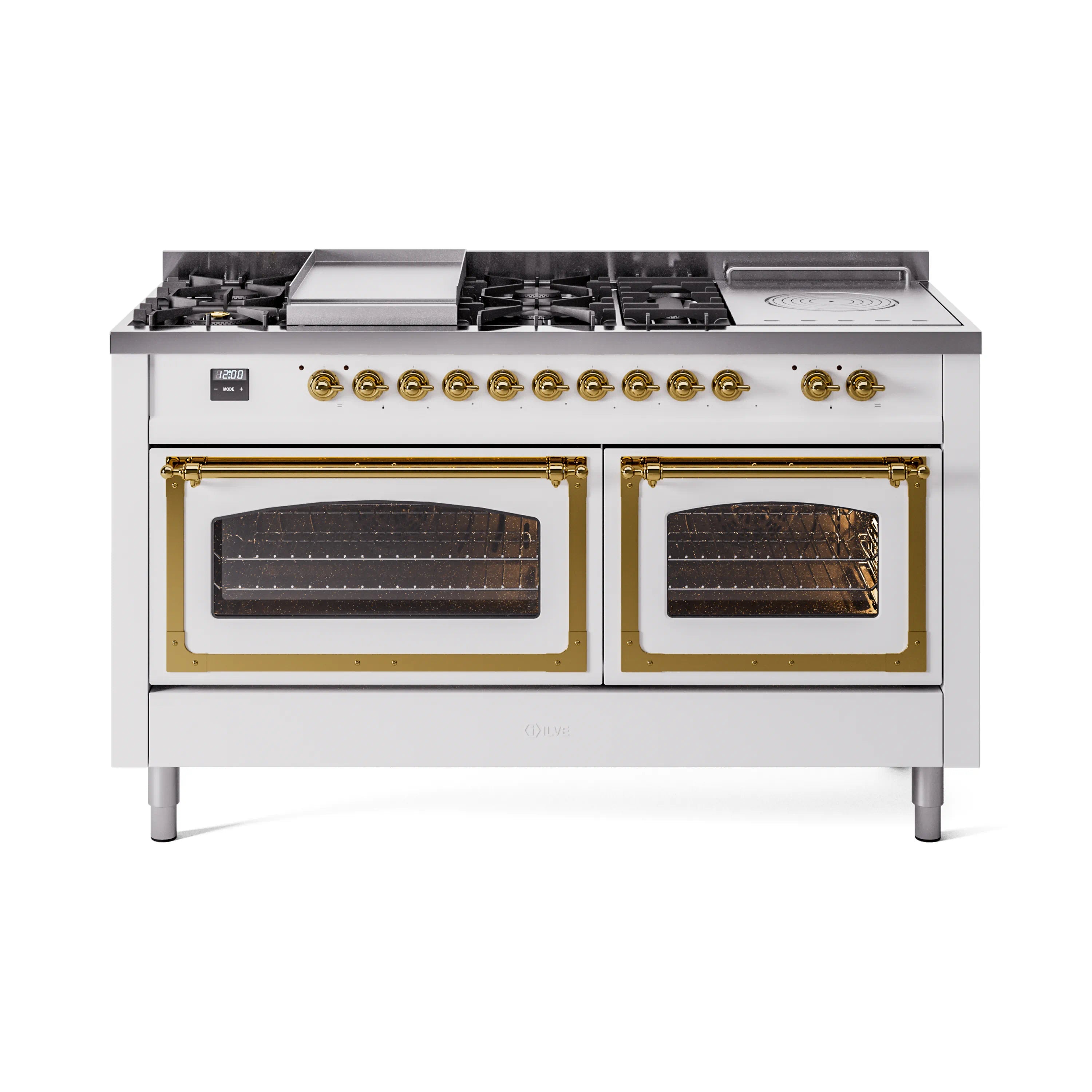 White dual fuel range with brass-trimmed double oven doors and open viewing windows