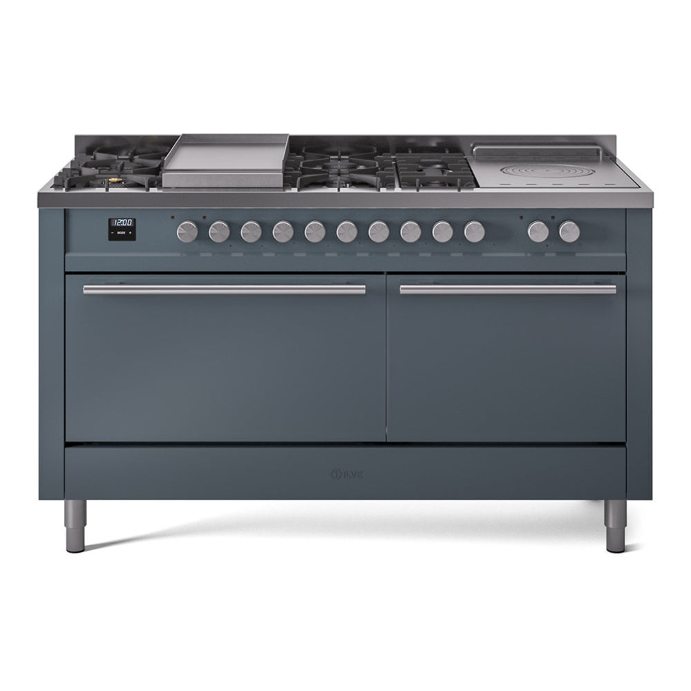 Blue grey dual-fuel gas range with 7 burners, griddle, French top, and two oven doors.