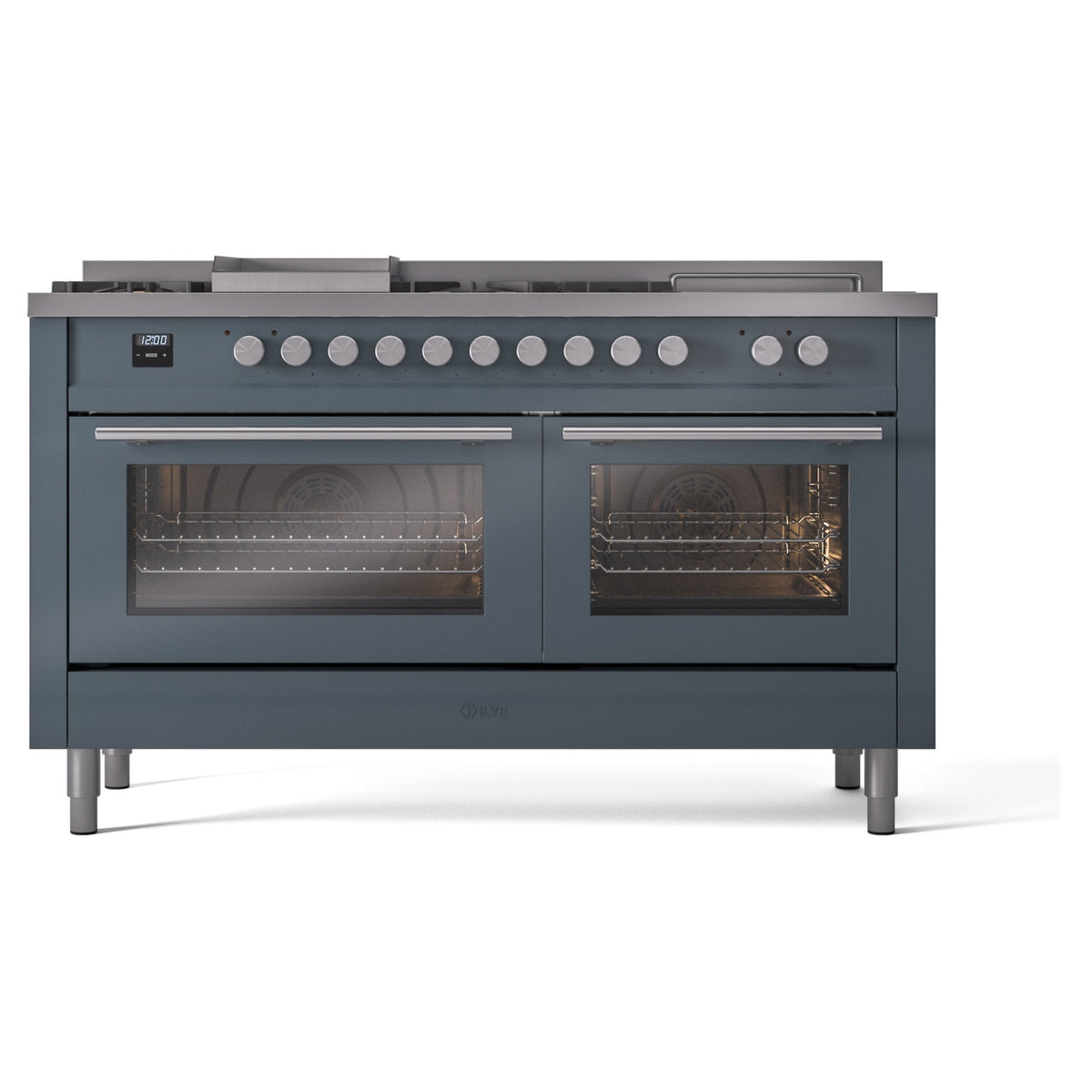 Blue gray dual fuel gas range front view with two oven doors and control knobs