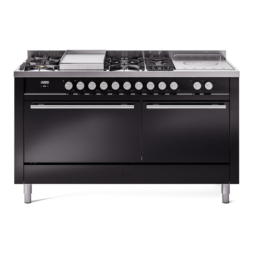 ILVE dual fuel gas range in glossy black, 7 burners with griddle and French top.