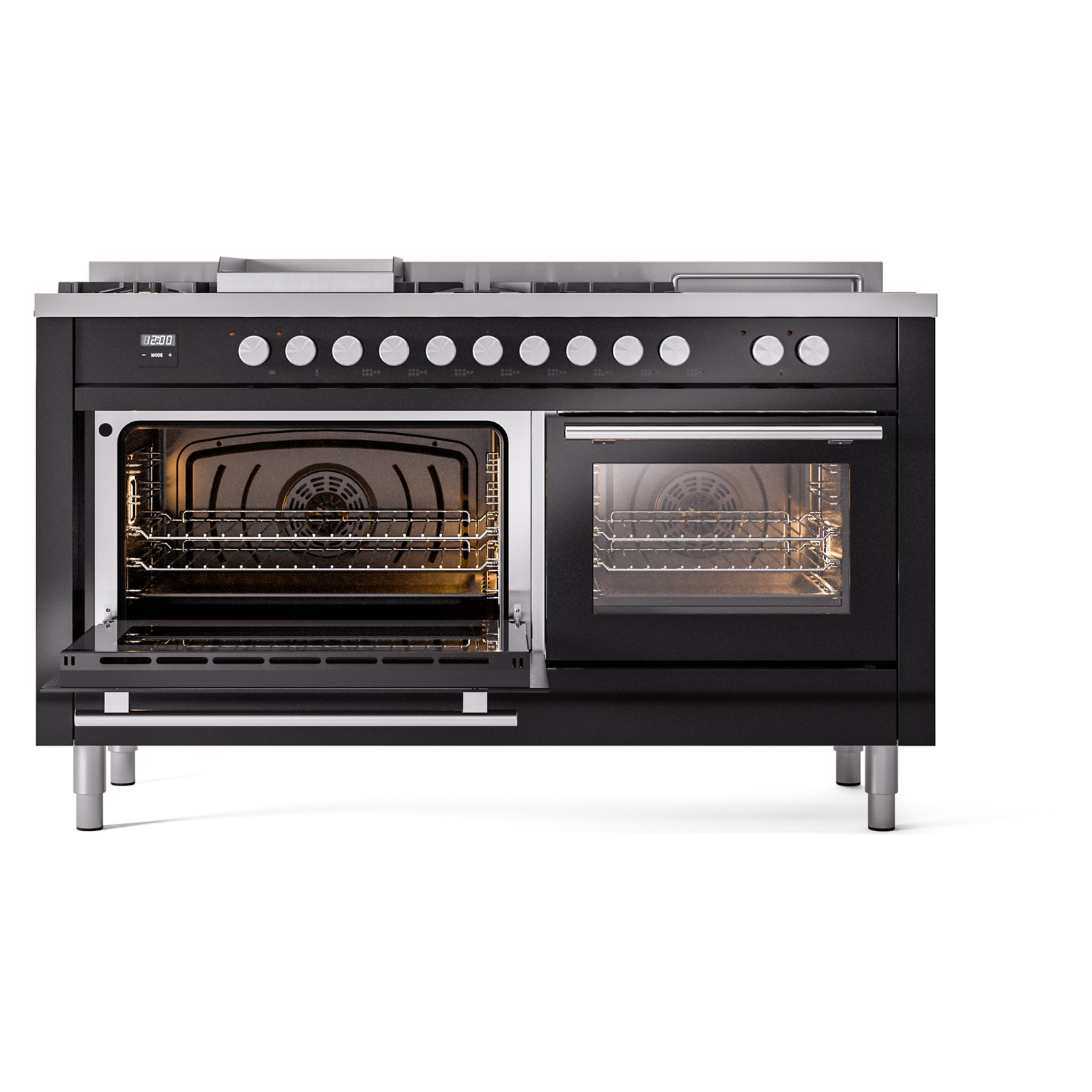 Glossy black dual fuel gas range with one oven door open and control knobs