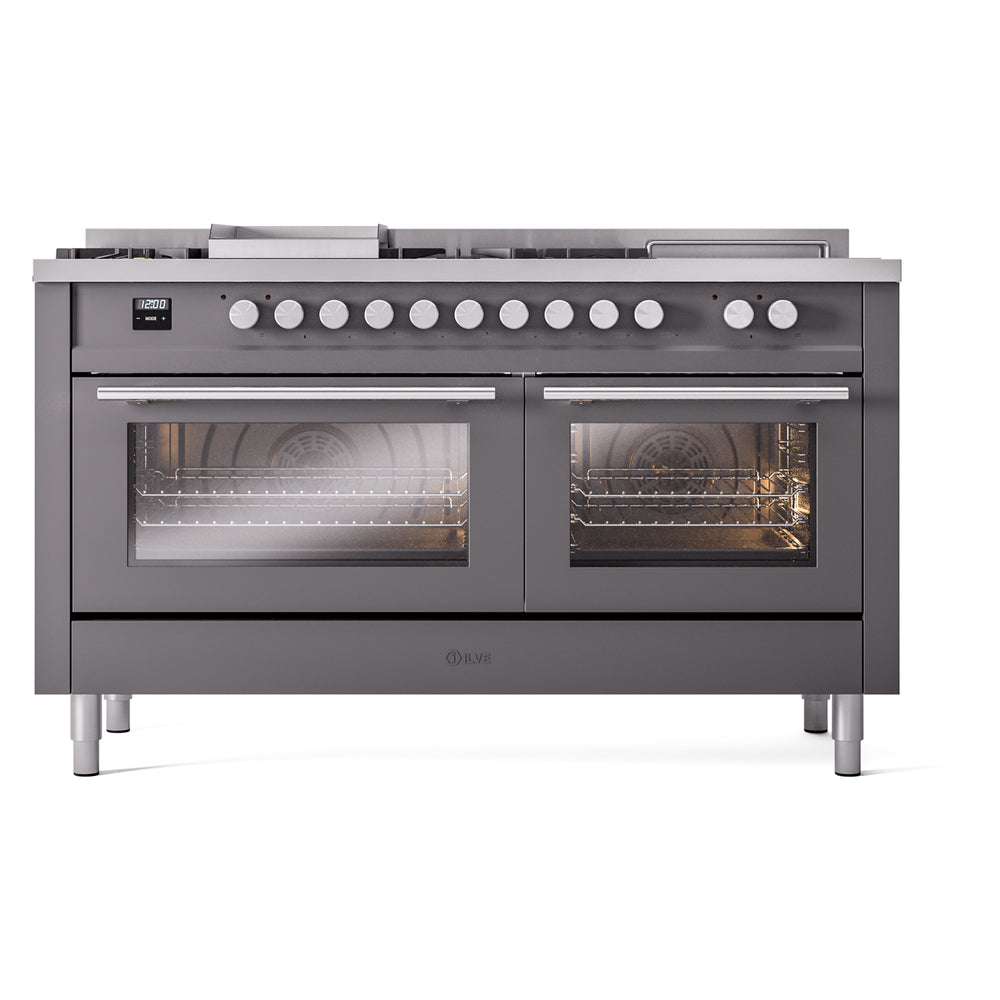 Matte graphite gas dual-fuel range with two ovens and control knobs, front view
