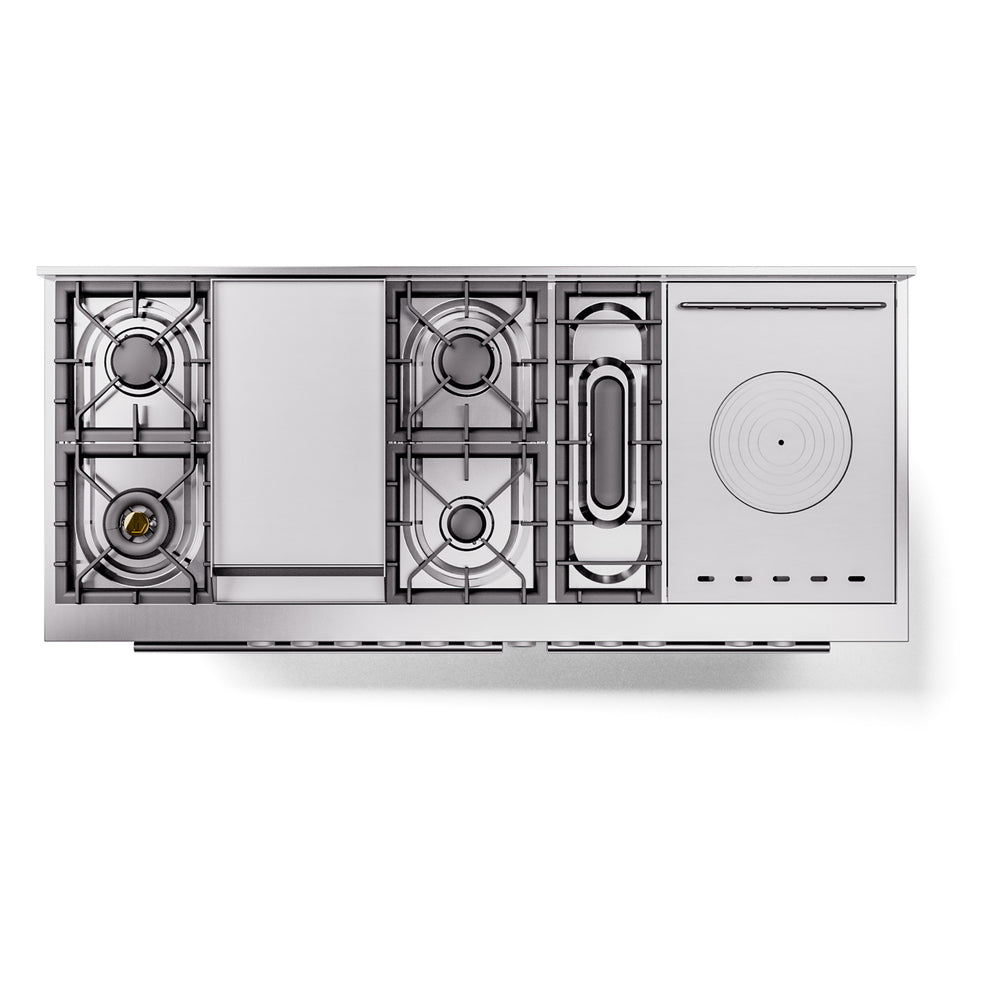 Stainless gas range cooktop with multiple burners and a French-top center panel