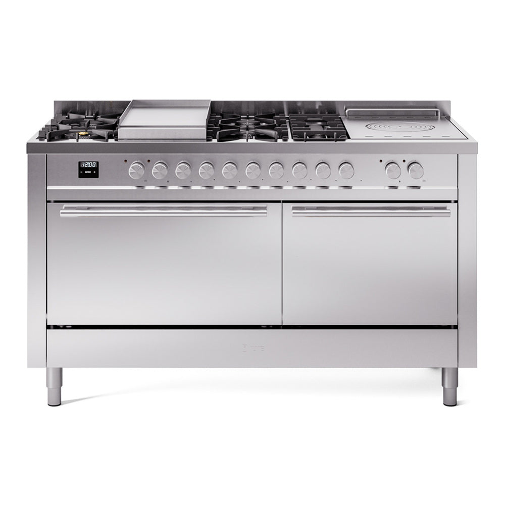 Stainless steel dual fuel range with burners, griddle, and solid door oven