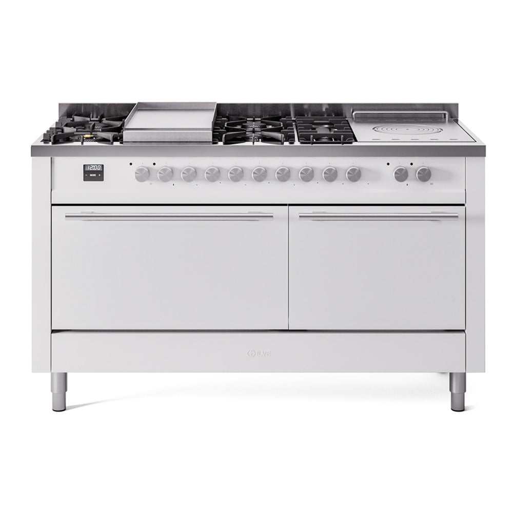 White gas dual-fuel range with black grates, multiple burners, griddle, and two doors