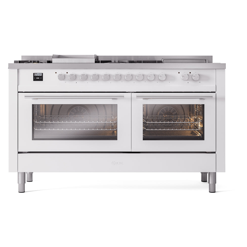 White gas dual-fuel range with two oven doors and front control knobs