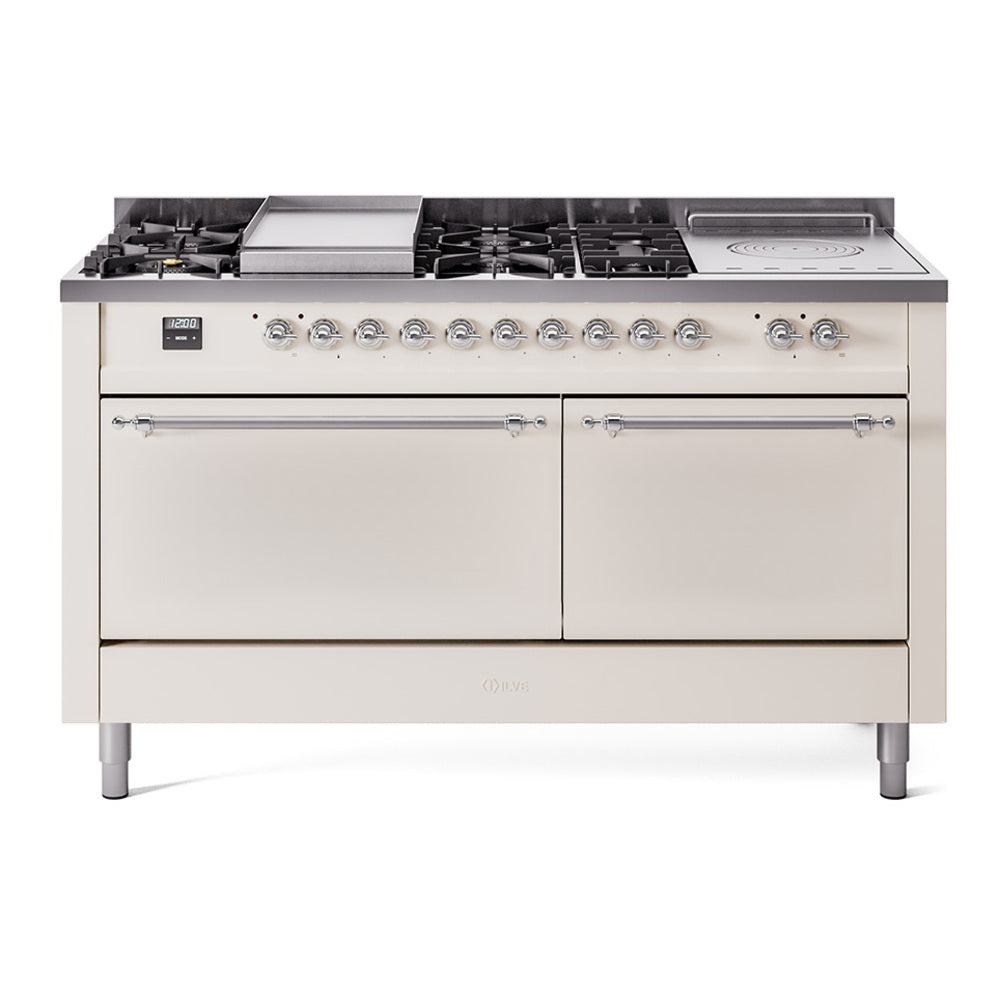 Antique white gas dual-fuel range with griddle and French top, chrome knobs and burners