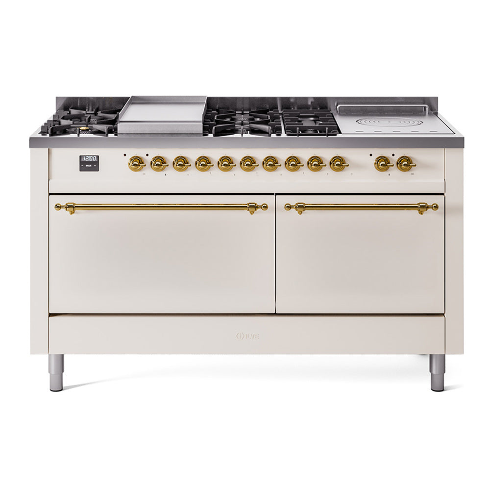 ILVE antique white dual-fuel gas range with brass-trim controls, griddle, and burners