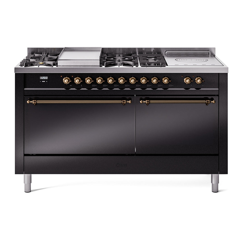 Glossy black dual fuel range with 7 burners, griddle, French top, bronze trim