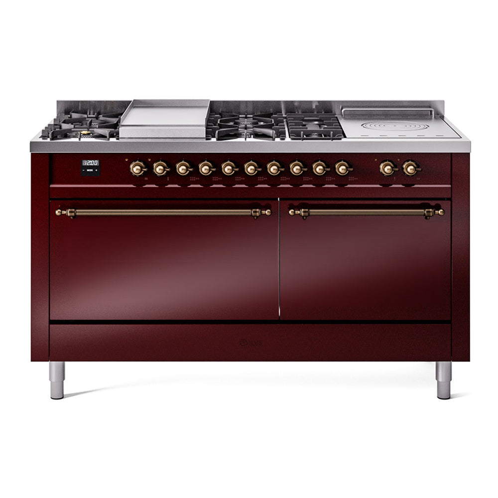 Burgundy gas dual fuel range with bronze knobs and stainless cooktop griddle