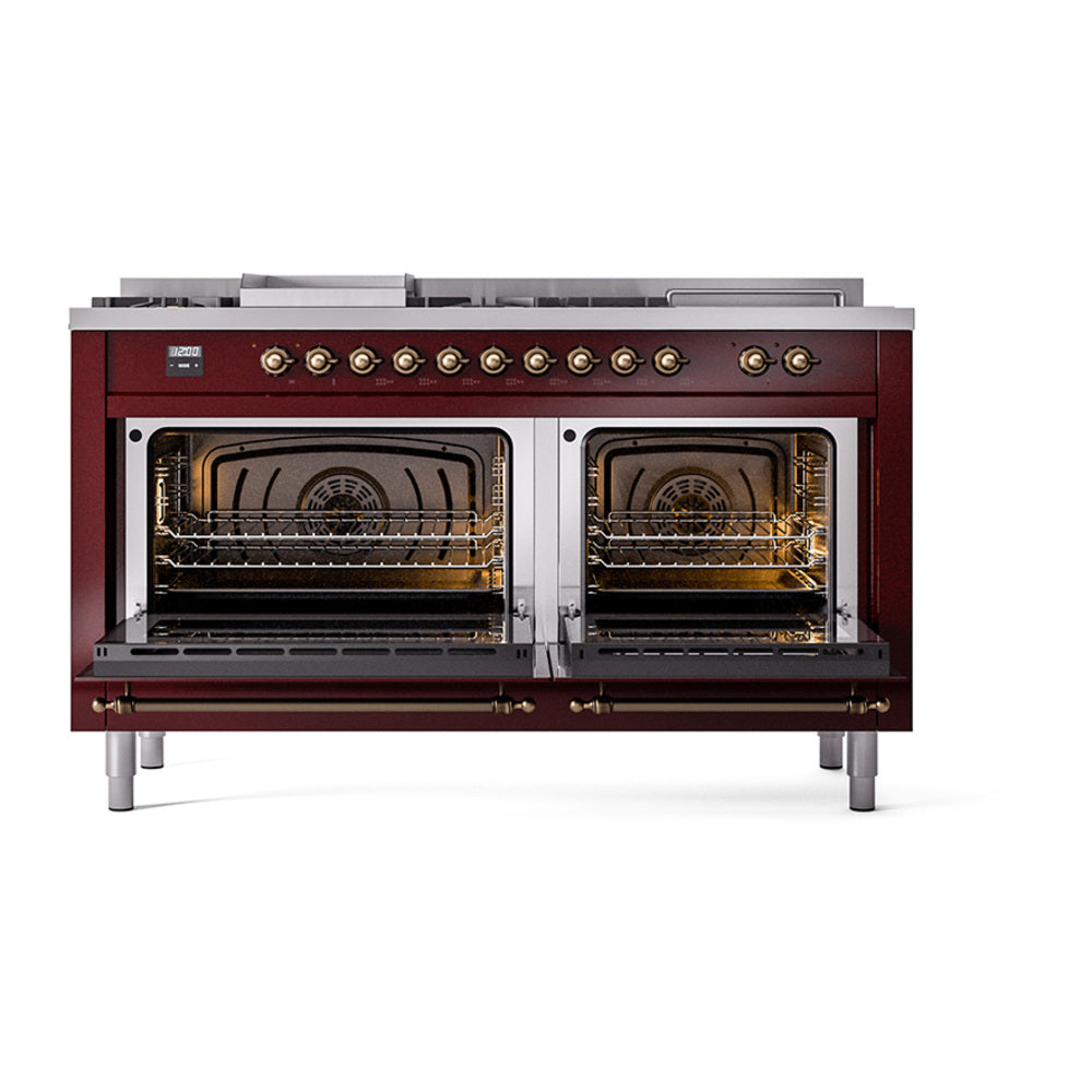 Burgundy dual fuel range with oven doors open, showing two racks and burners
