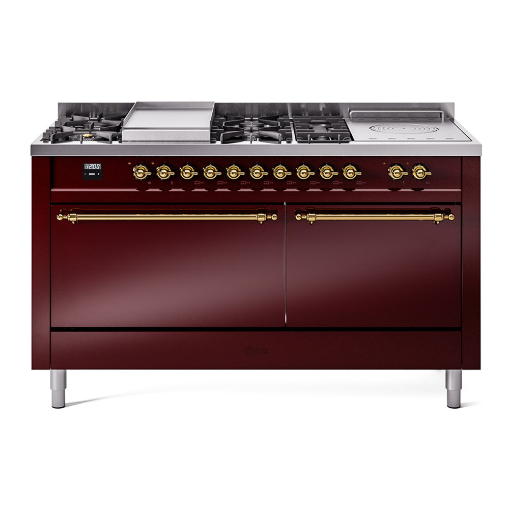 Burgundy dual-fuel range with brass-trim control panel and six-burner cooktop