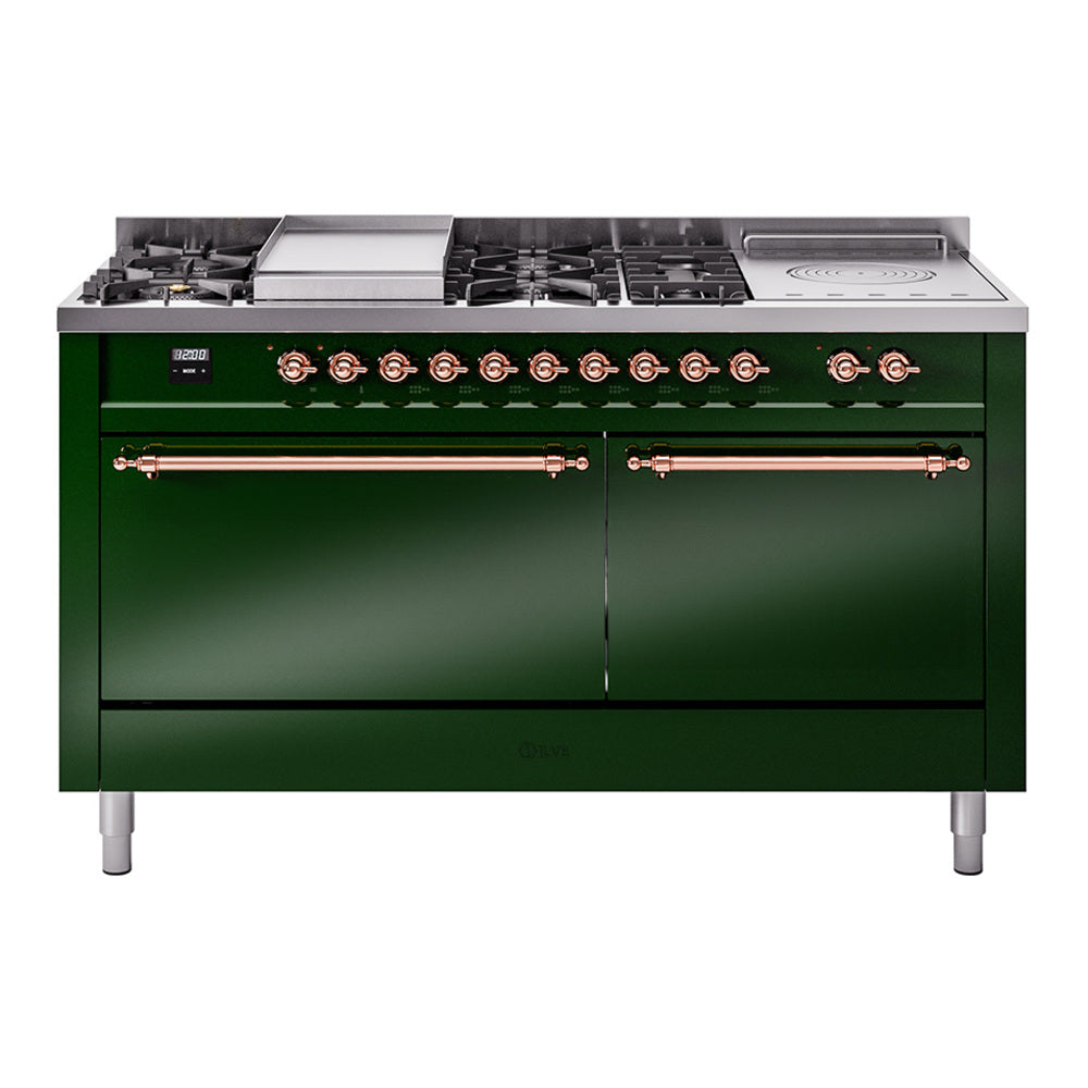 ILVE emerald green dual fuel gas range with copper trim, griddle, and French top