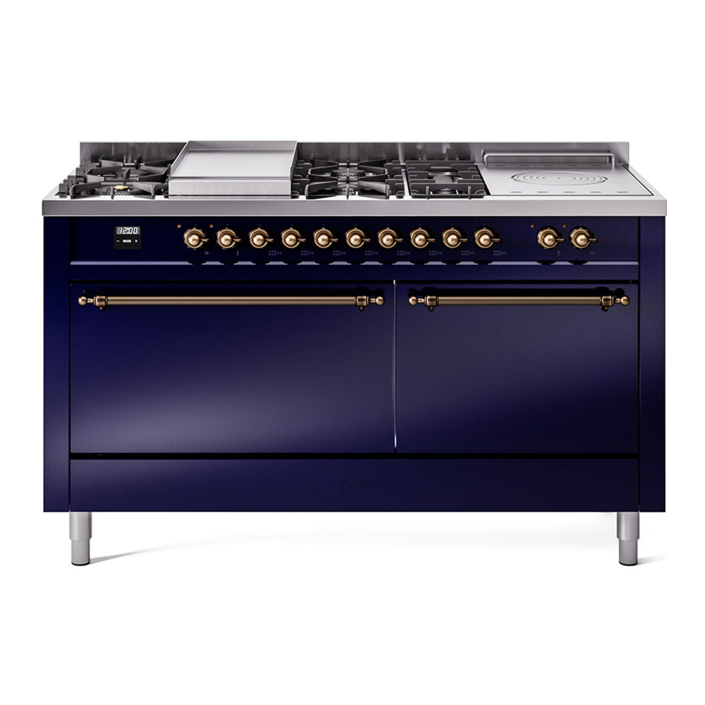 Midnight blue dual fuel range with bronze knobs, burners, griddle, and French top