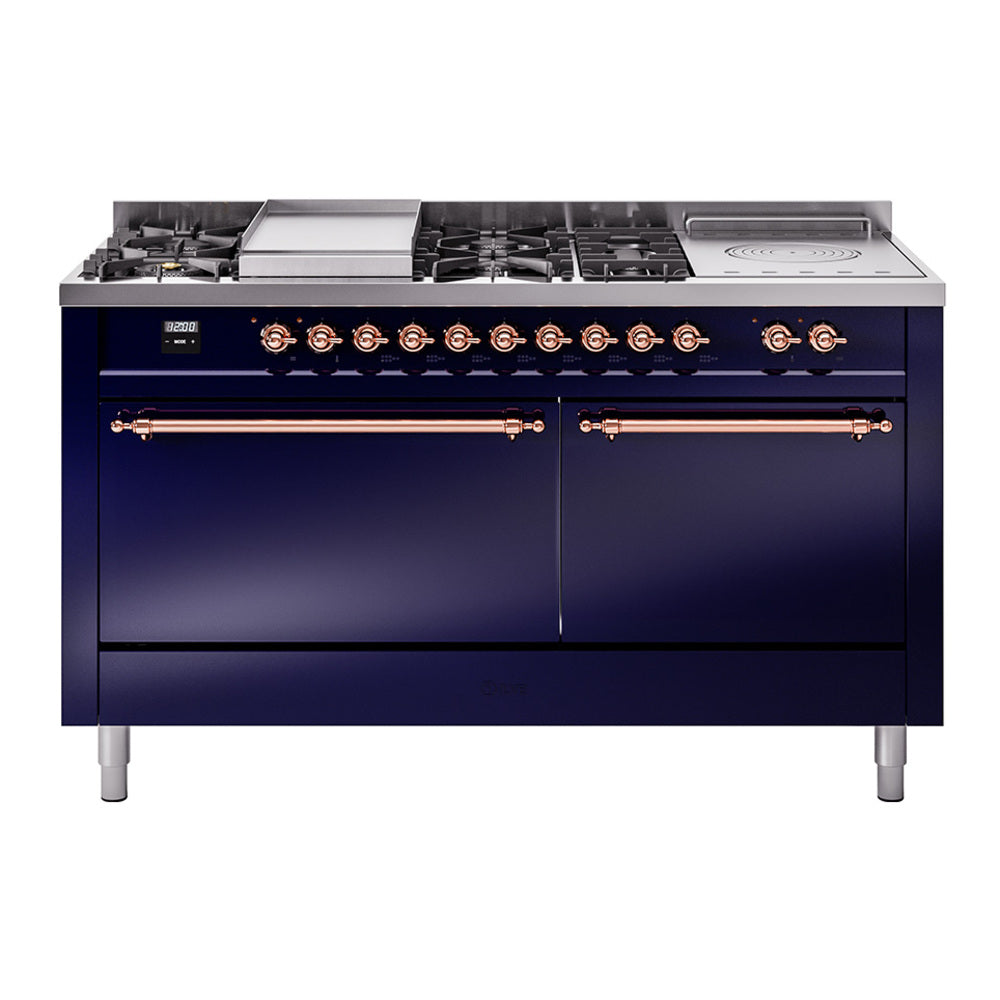 Dual fuel gas range with midnight blue front, copper-trimmed cooktop and burner knobs