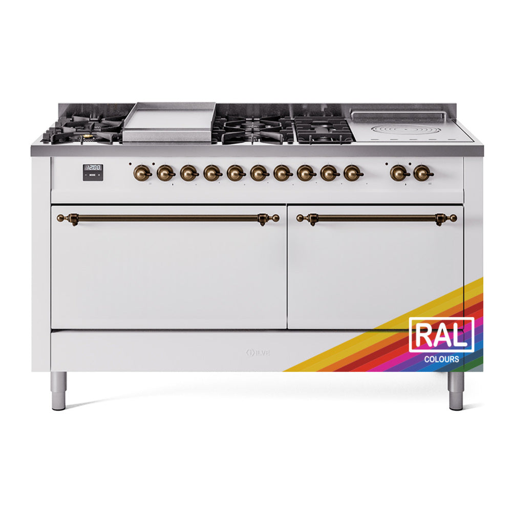 Dual fuel range in white with bronze knobs, griddle, and French-top panel