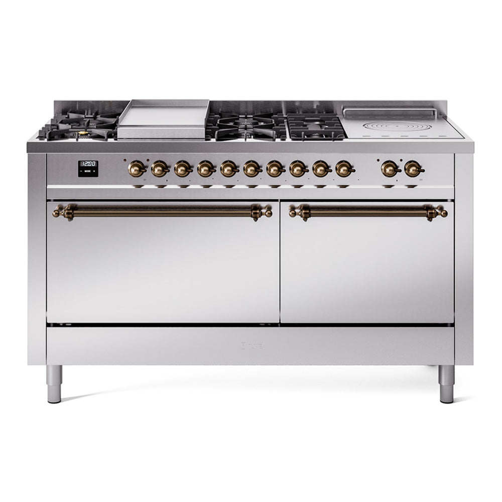 Stainless steel dual-fuel gas range with brass knobs and burner grates
