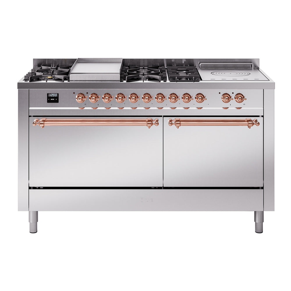 Stainless dual-fuel range with burners, griddle, French top, solid door oven, copper controls