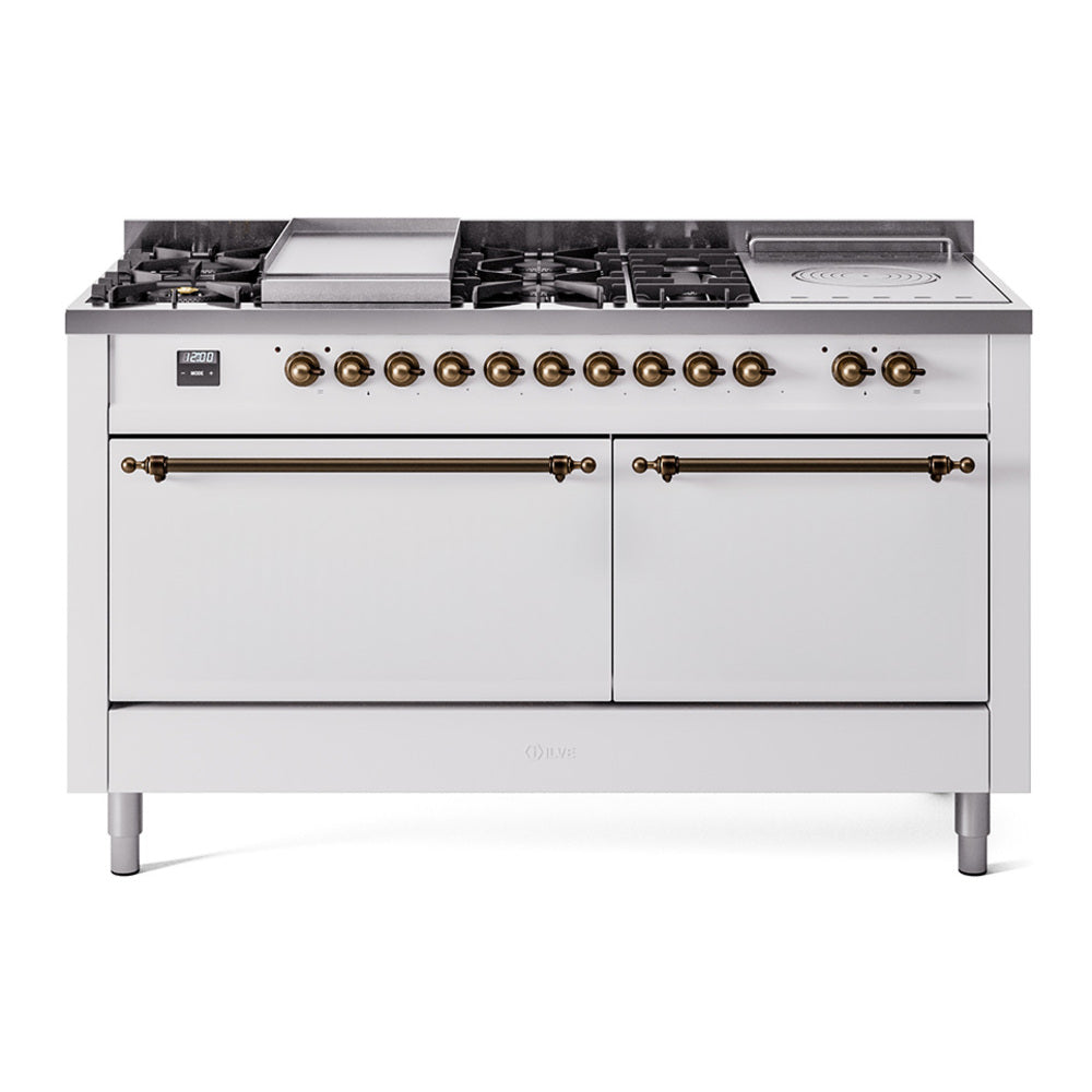 ILVE dual fuel range in white with bronze knobs, grates, and two oven doors