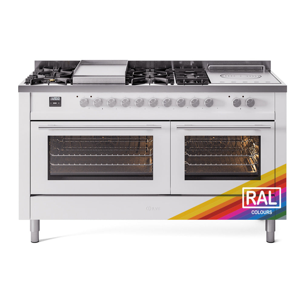 White dual fuel gas range with burners, griddle, and triple glass door ovens