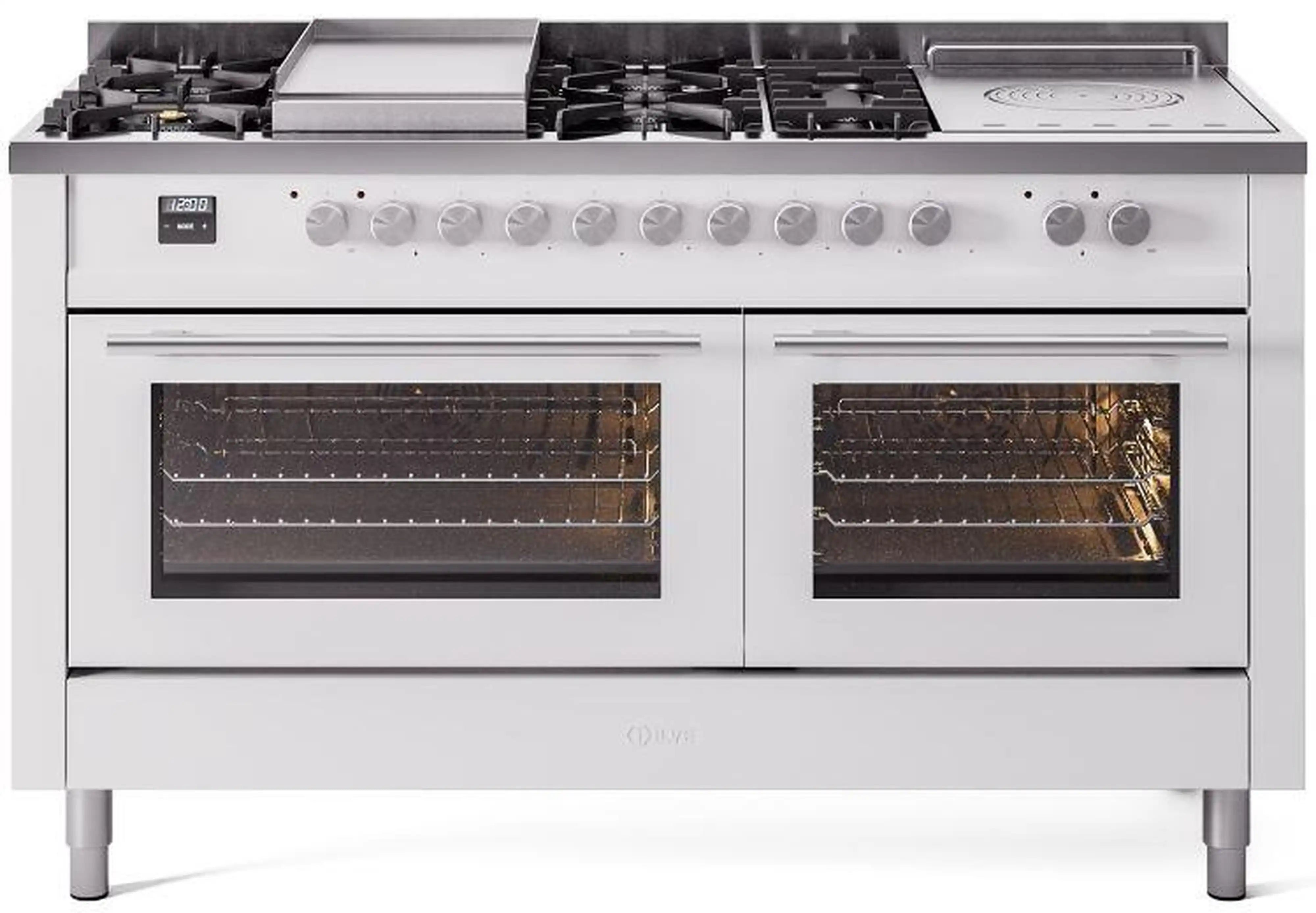 White dual-fuel gas range with griddle and French-top cooktop, two glass ovens