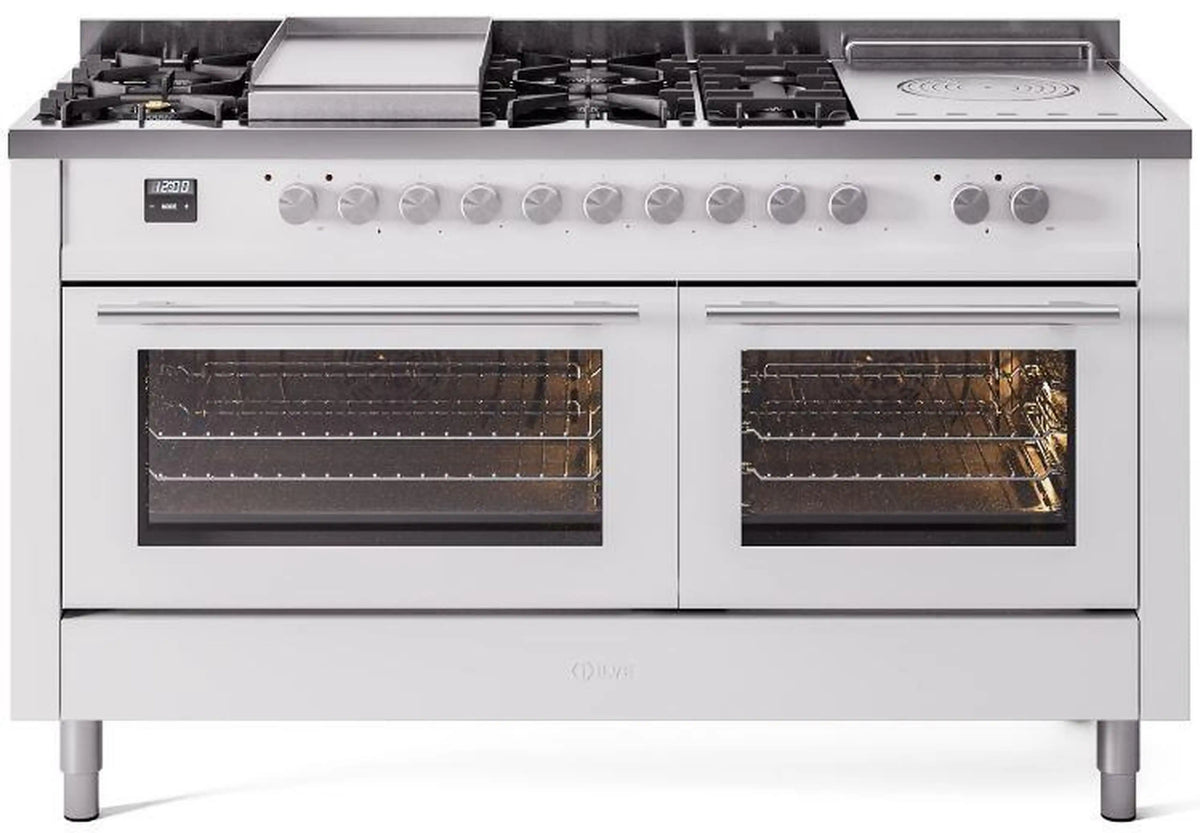 White dual fuel range with two closed glass oven doors and stainless cooktop burners