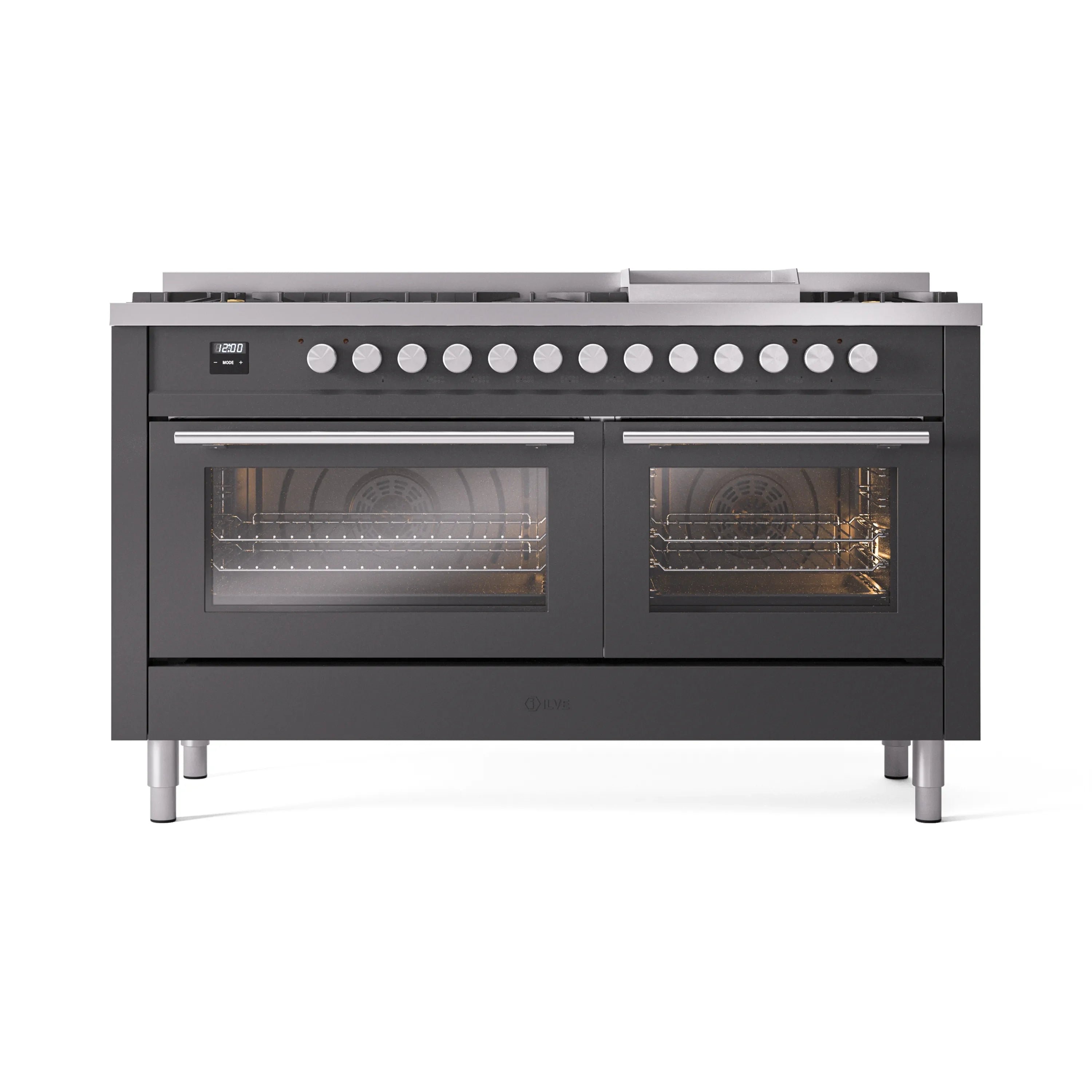 Matte graphite dual fuel range front view with 9 burners and two illuminated oven doors