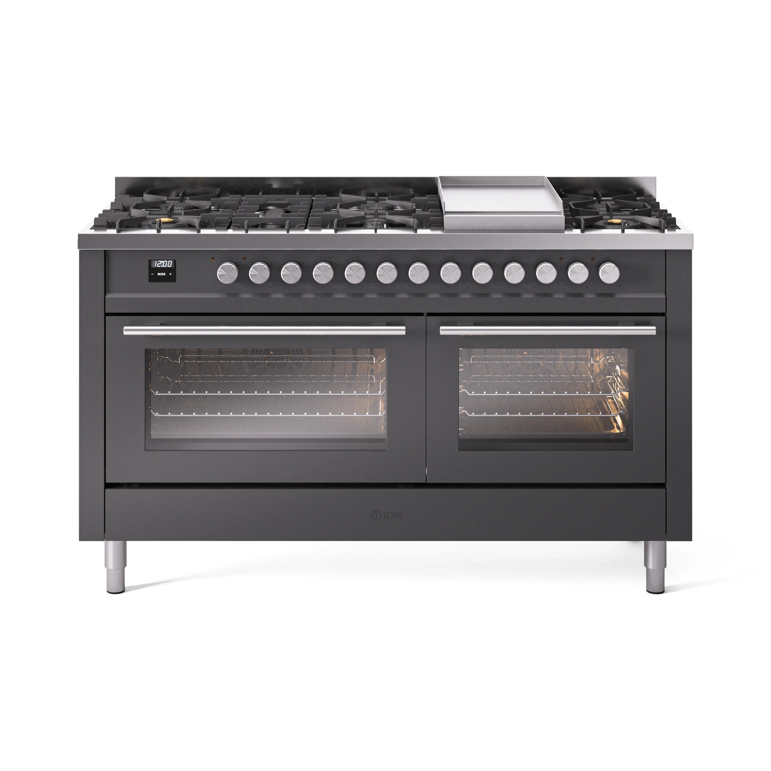 Matte graphite dual fuel range with 9 gas burners and two glass oven doors, griddle