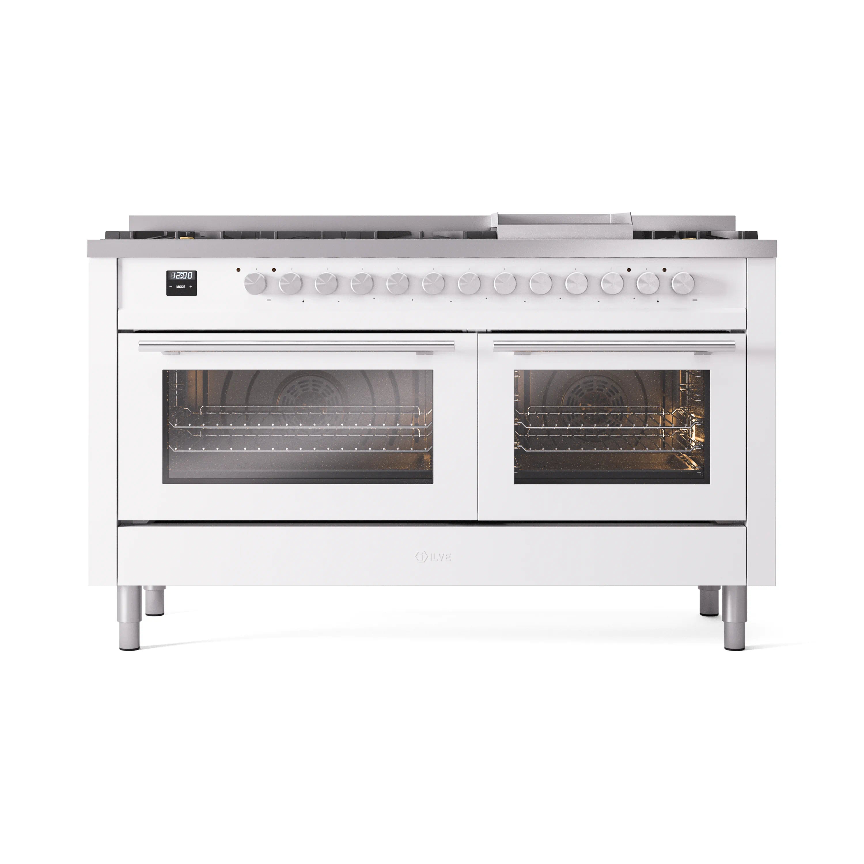 White dual-fuel range, front view with two closed oven doors and control knobs