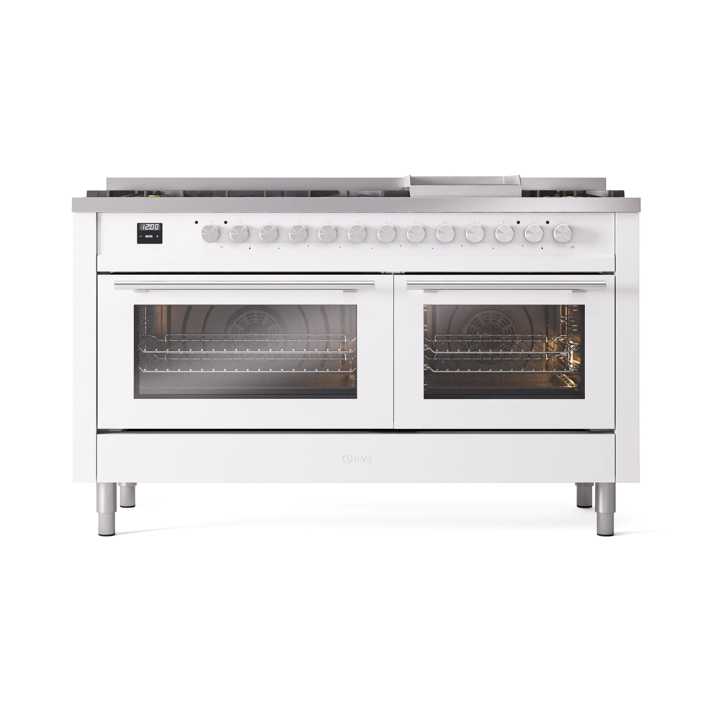 White dual fuel professional range, two oven doors with windows and multiple front burner knobs