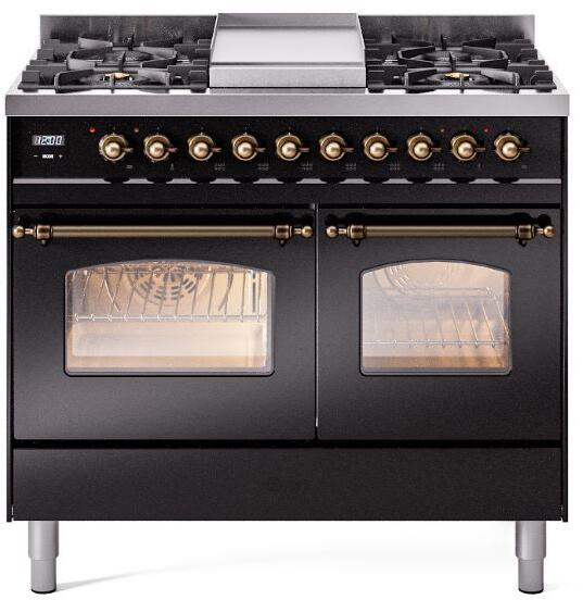 Glossy black dual fuel freestanding range with bronze control knobs, twin oven doors, and grates