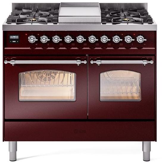 Burgundy dual fuel freestanding range with chrome knobs and twin oven doors