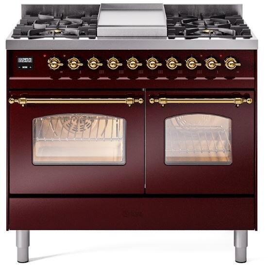 Burgundy dual fuel freestanding range with brass control knobs and two oven windows