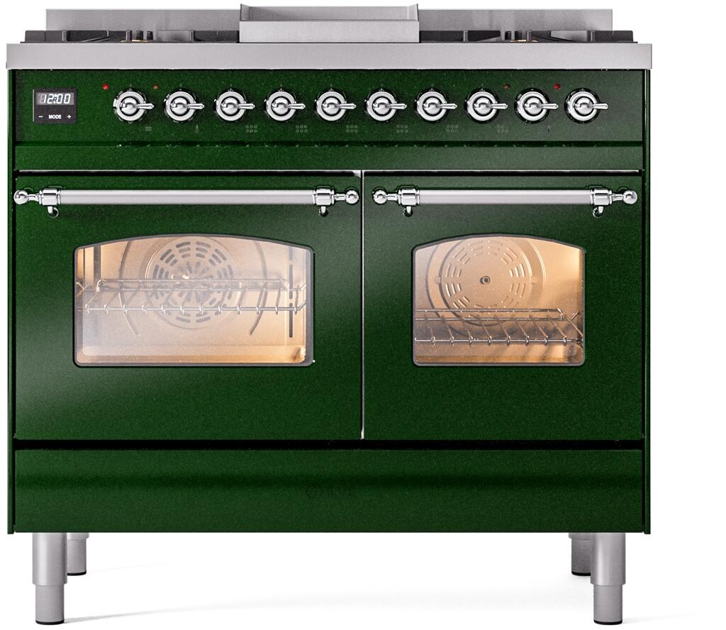 Emerald green freestanding dual fuel range front with two oven windows and chrome control knobs