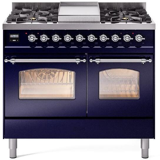 Midnight blue freestanding dual-fuel range front with burner knobs and two oven glass doors