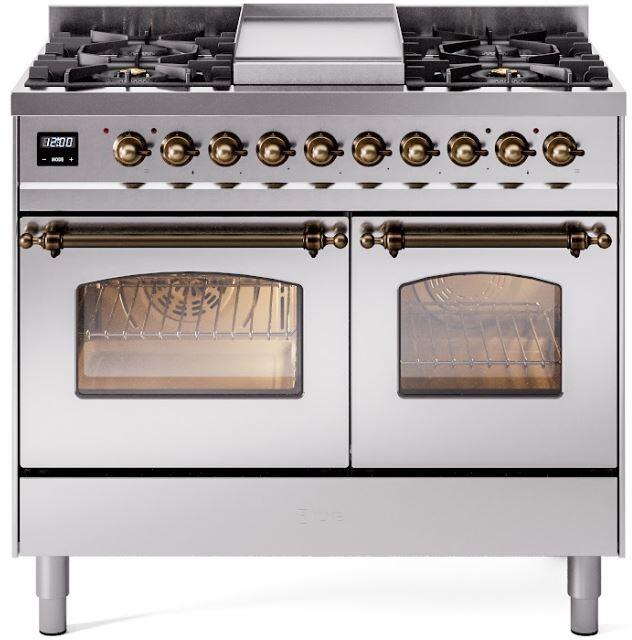 Freestanding stainless steel dual fuel gas range with bronze knobs and twin ovens