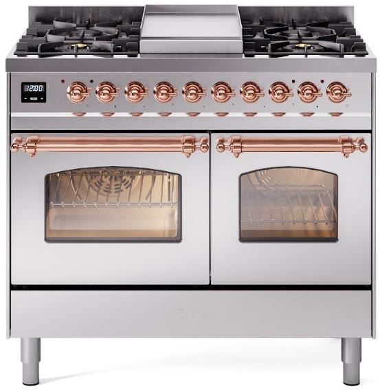 Stainless steel freestanding range with copper control knobs and two oven windows