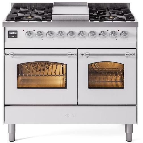 White dual fuel freestanding range with chrome knobs and two oven doors