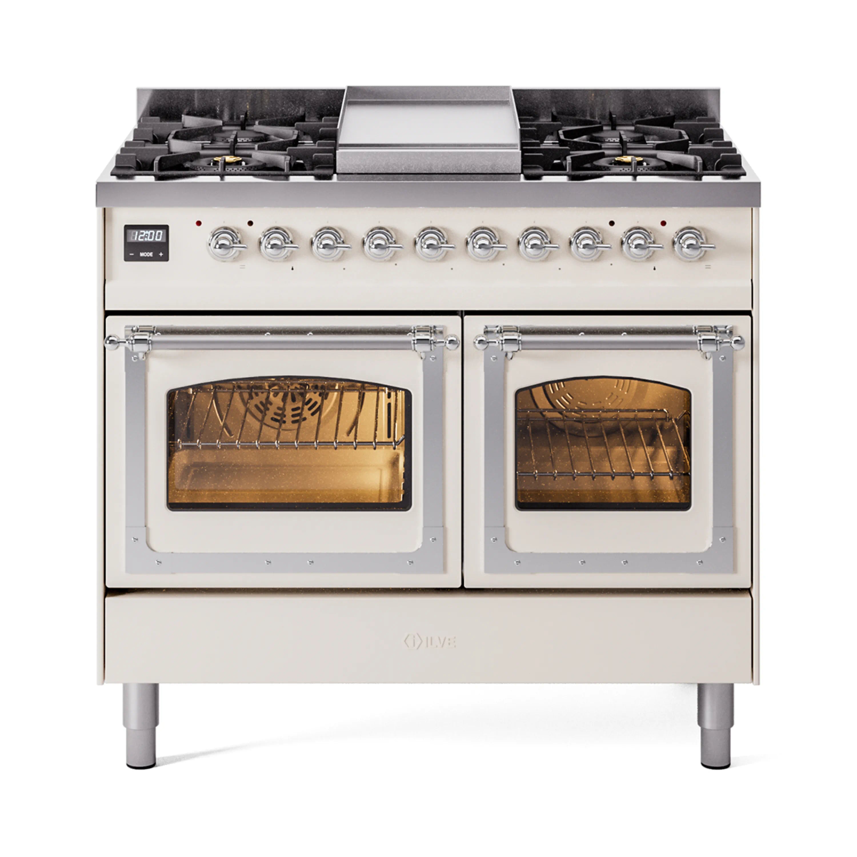 Antique white dual-fuel range with two glass oven doors, gas burners, and chrome knobs