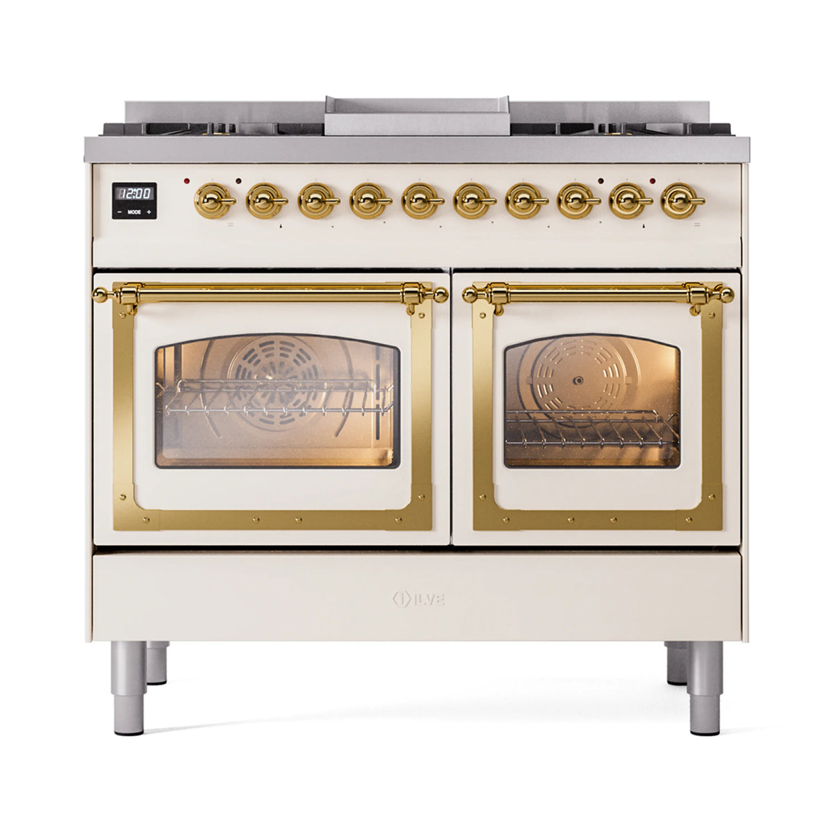 Antique white dual fuel gas range with two glass oven doors and brass trim, front view